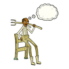 cartoon old farmer leaning on fence with thought bubble