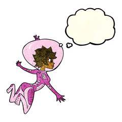 cartoon space woman with thought bubble