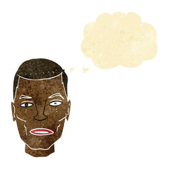 cartoon serious male face with thought bubble