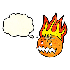 cartoon flaming pumpkin with thought bubble