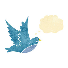 cartoon flying bird with thought bubble