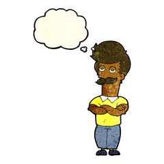 cartoon mustache muscle man with thought bubble