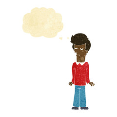 cartoon bored man shrugging shoulders with thought bubble