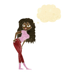 cartoon attractive woman looking surprised with thought bubble