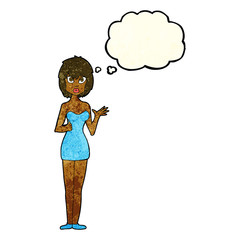 cartoon confused woman in cocktail dress with thought bubble