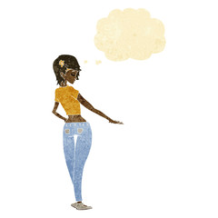 cartoon pretty girl in jeans and tee with thought bubble