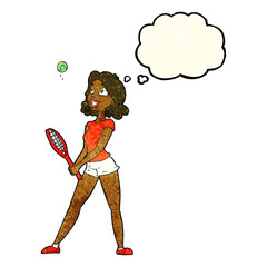 cartoon woman playing tennis with thought bubble