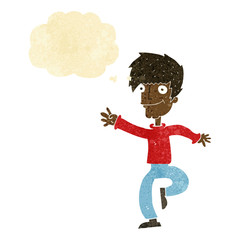 cartoon happy man dancing with thought bubble