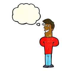 cartoon grinning man with thought bubble