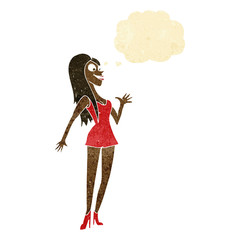 cartoon woman in pink dress with thought bubble