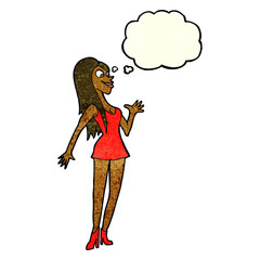 cartoon woman in pink dress with thought bubble