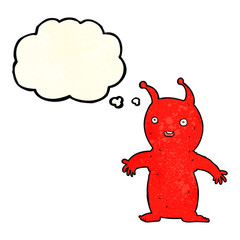 cartoon happy little alien with thought bubble