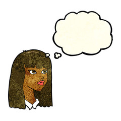 cartoon pretty girl with long hair with thought bubble