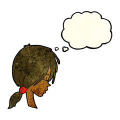 cartoon girl looking thoughtful with thought bubble