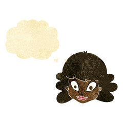 cartoon happy female face with thought bubble