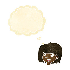 cartoon happy female face with thought bubble