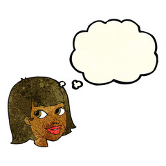 cartoon happy female face with thought bubble