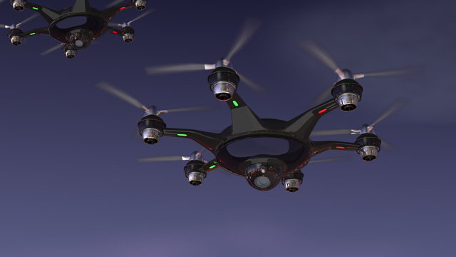 Drone with surveillance camera flying in night sky. Security system concept.