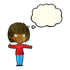 cartoon happy woman with thought bubble