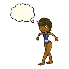 cartoon happy woman in swimming costume with thought bubble