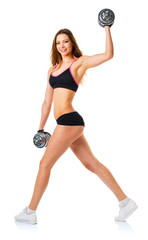 Happy athletic woman with dumbbells doing sport exercise, isolat