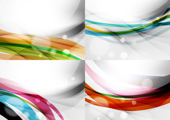 Set of abstract backgrounds. Curve wave lines with light and