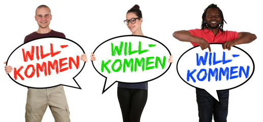 Flüchtlinge willkommen Sprechblasen Multikulturell junge Mensch