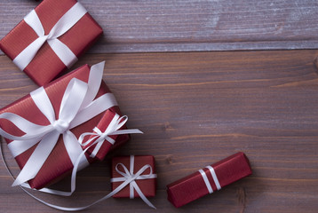 Fototapeta premium Red Christmas Gifts, Presents, White Ribbon, Copy Space