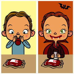 Funny cartoon boy drinking blood. Vector illustration