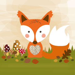 Fuchs auf Wiese mit Pilzen im Herbst