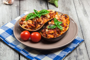 Baked eggplant with pieces of chicken