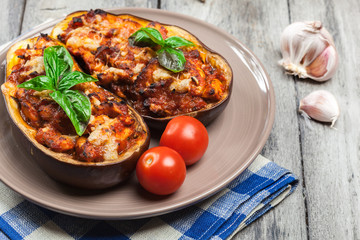 Baked eggplant with pieces of chicken