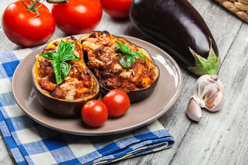 Baked eggplant with pieces of chicken