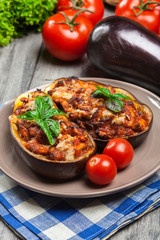 Baked eggplant with pieces of chicken
