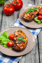 Baked eggplant with pieces of chicken