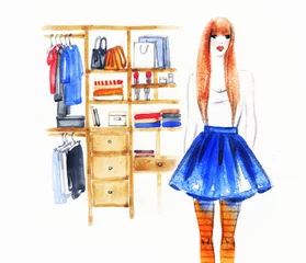 woman with  dress in wardrobe room .abstract watercolor .fashion background
