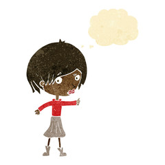 cartoon woman raising eyebrow with thought bubble