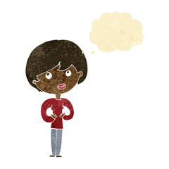 cartoon woman making Who Me? gesture with thought bubble