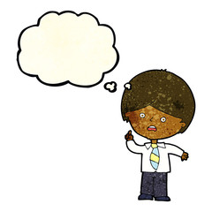 cartoon worried school boy raising hand with thought bubble