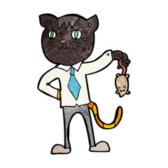 cartoon business cat with dead mouse