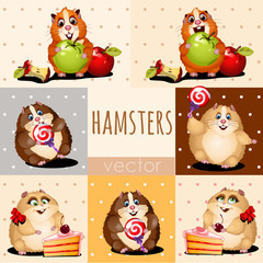 Happy hamsters with apple, cake and candy