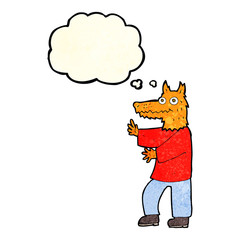 cartoon funny fox man with thought bubble