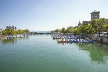 Zurich city center and Limmat quay harbor