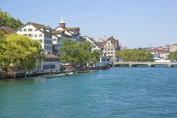 Zurich city center and Limmat quay in summer, Switzerland