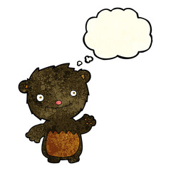 cartoon waving black bear cub with thought bubble