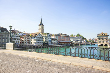 Zurich city center and quay of Limmat in summer