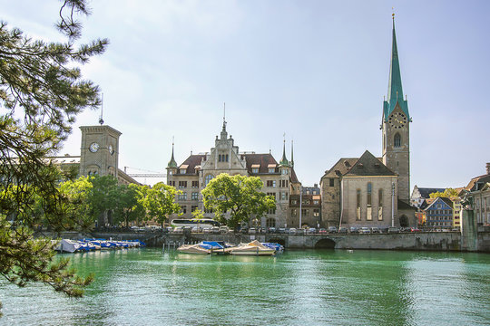 Zurich city center and Fraumunster Cathedral, Switzerland