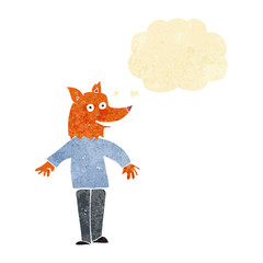 cartoon happy fox man with thought bubble