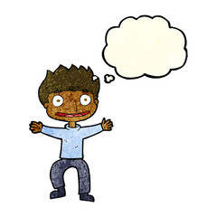 cartoon grinning boy with thought bubble