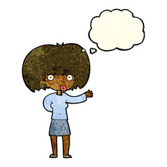 cartoon woman gesturing with thought bubble